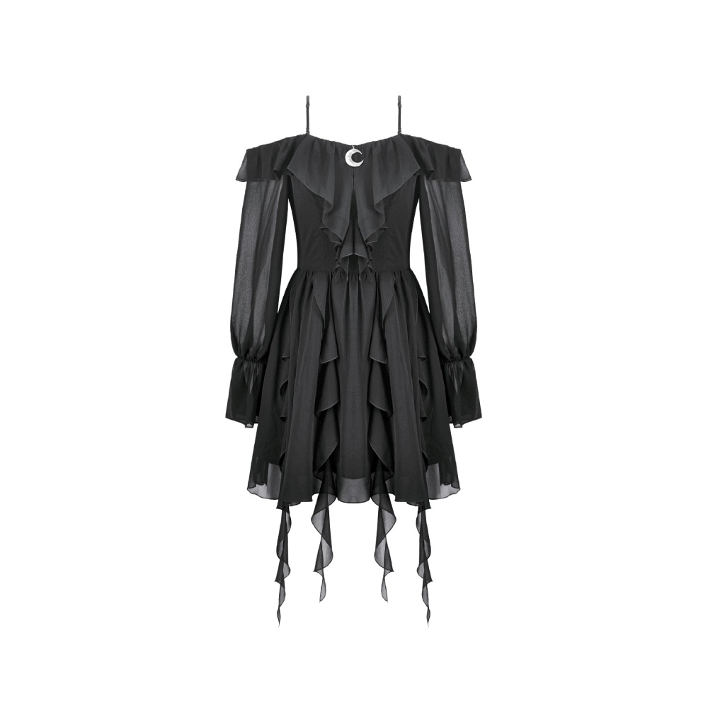 Dark in Love - Chiffon OfftheShoulder with Crescent Moon Charm and Layered Ruffle Hem Short dress - Black